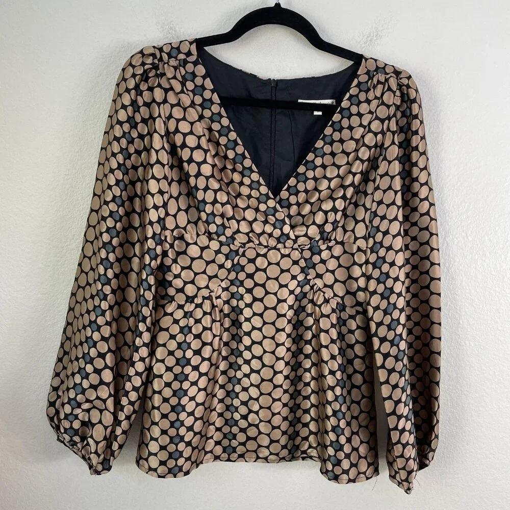 Nanette Lepore Black and Beige Polka Dot Long Sleeve Top - Picture 9 of 13